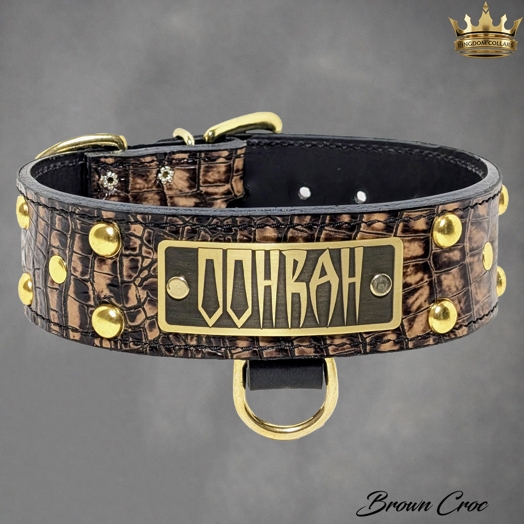2" Wide Personalized Italian Leather Studded Dog Collar | Engraved Name Plate
