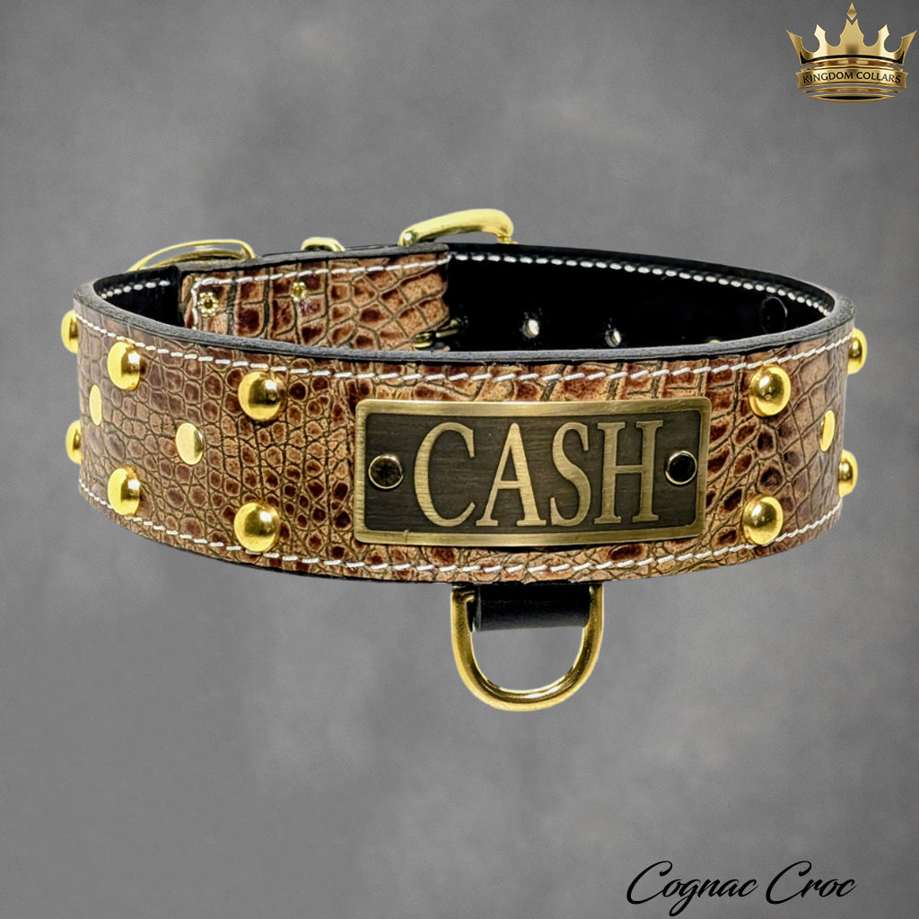 2" Wide Personalized Italian Leather Studded Dog Collar | Engraved Name Plate