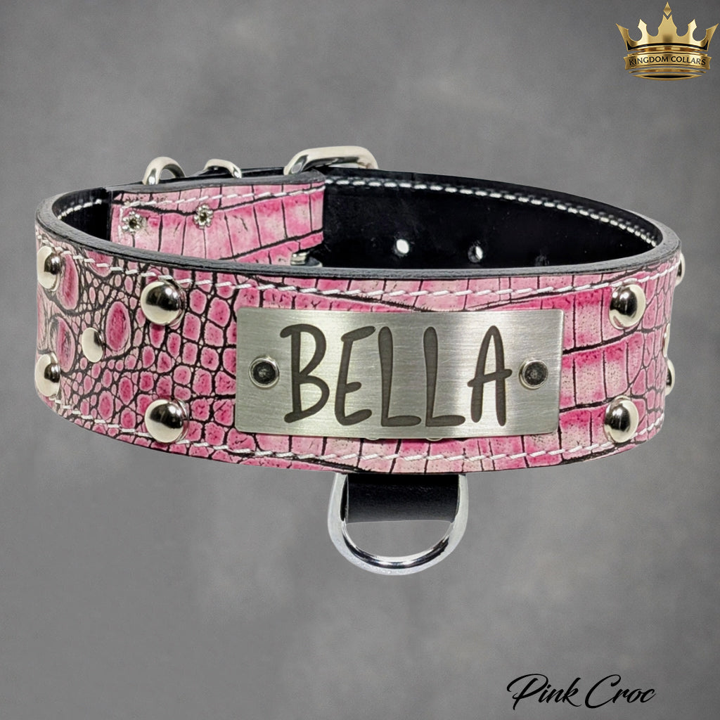 N12 - Coleira de cachorro de couro cravejada com placa de nome personalizada de 2"