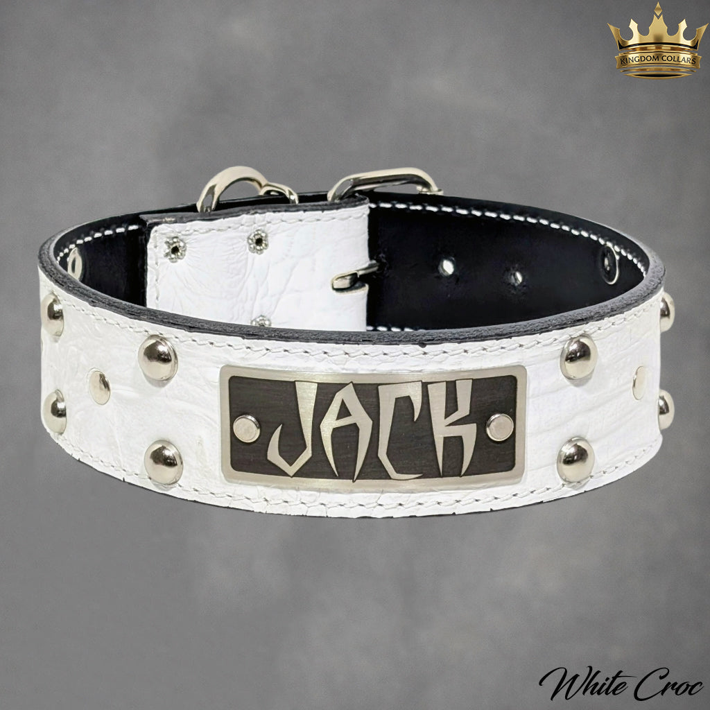 N12 - Coleira de cachorro de couro cravejada com placa de nome personalizada de 2"