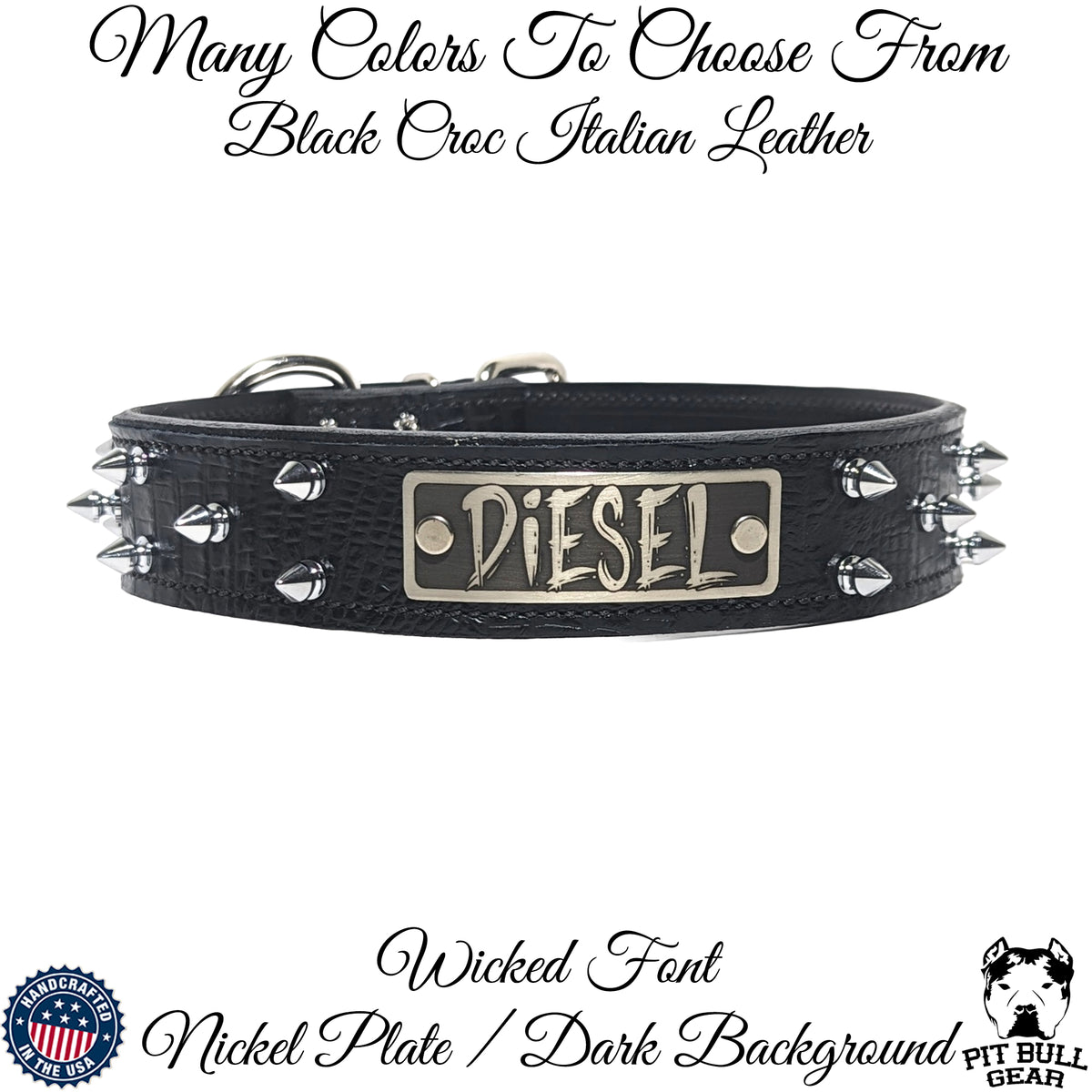 N14 - Collar para perro de cuero con pinchos de 1,5" de ancho y placa de identificación personalizada 