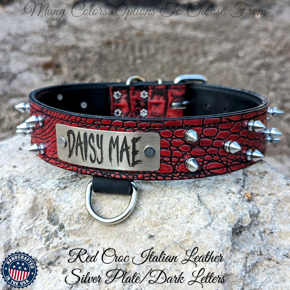 N14 - Collar para perro de cuero con pinchos de 1,5" de ancho y placa de identificación personalizada 