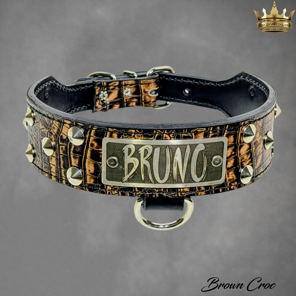 Dog collar with 'BRUNO' tag and brown crocodile pattern on a gray background