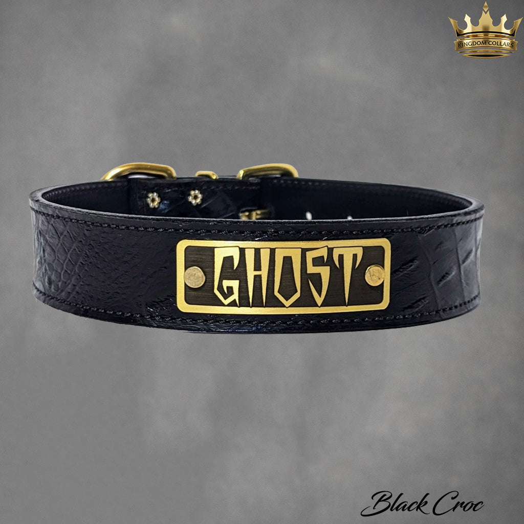 1.5-inch black croco leather dog collar with custom engraved nameplate by Kingdom Collars