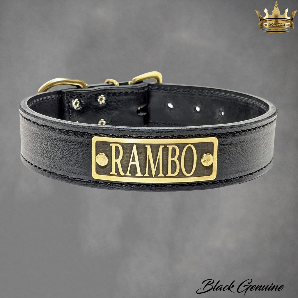 1.5-inch black genuine leather dog collar with custom nameplate by Kingdom Collars