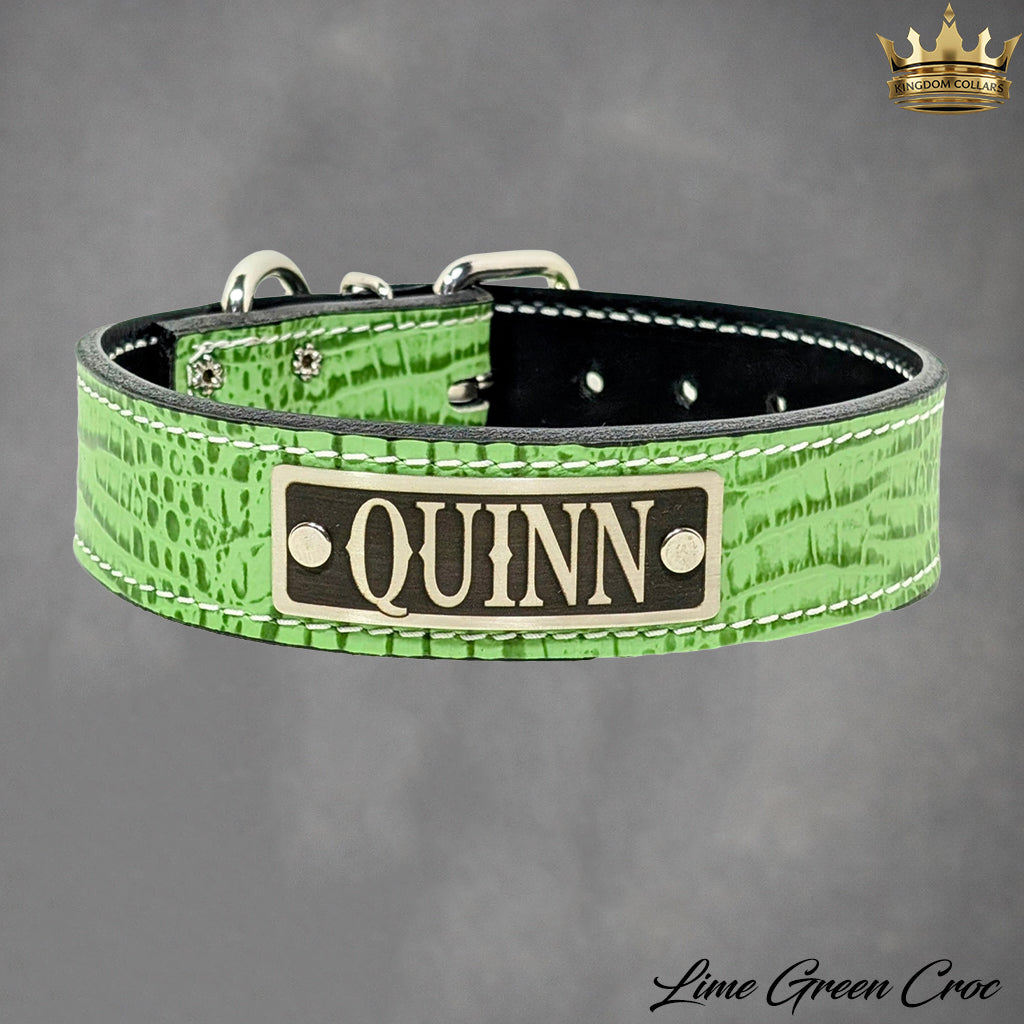 1.5-inch lime green Italian leather dog collar with engraved nameplate by Kingdom Collars