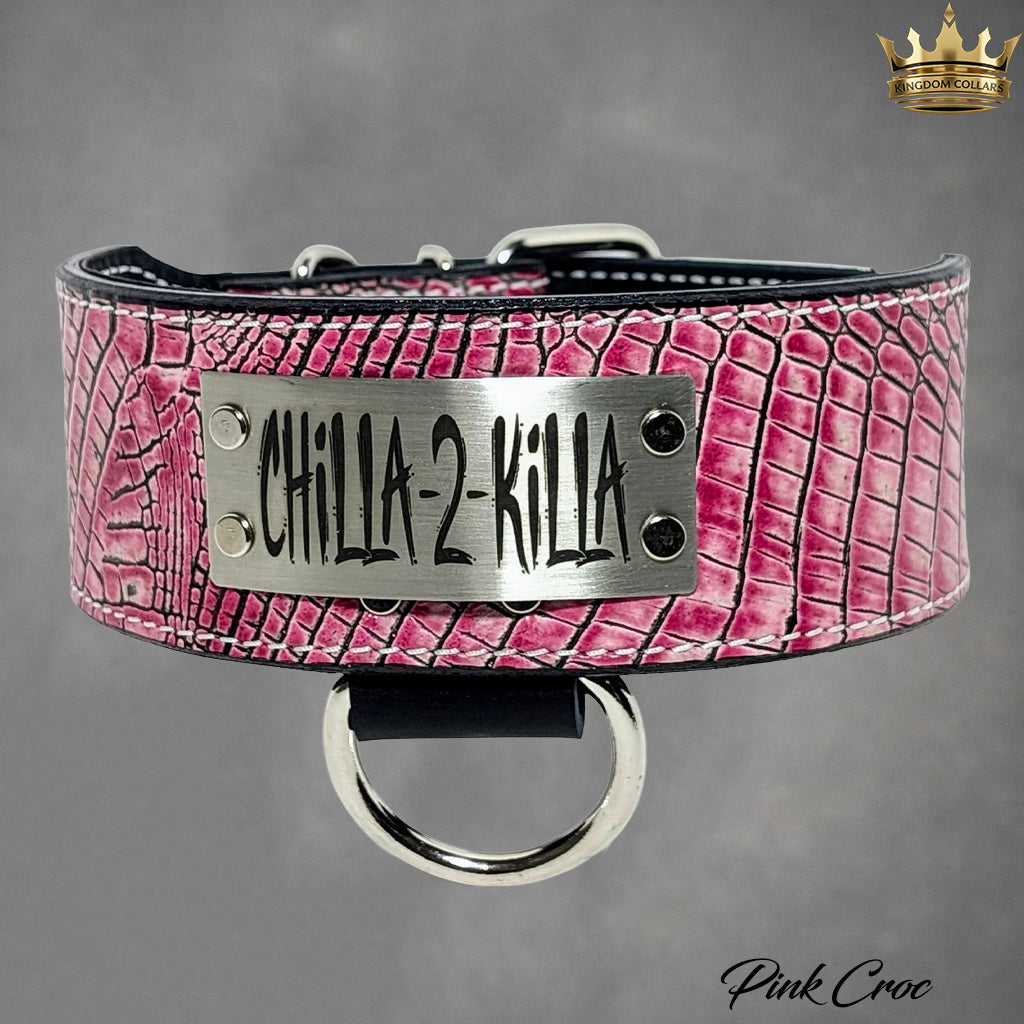 NJ11 - Collar de cuero para perro de 2,5" de ancho con placa de identificación personalizada