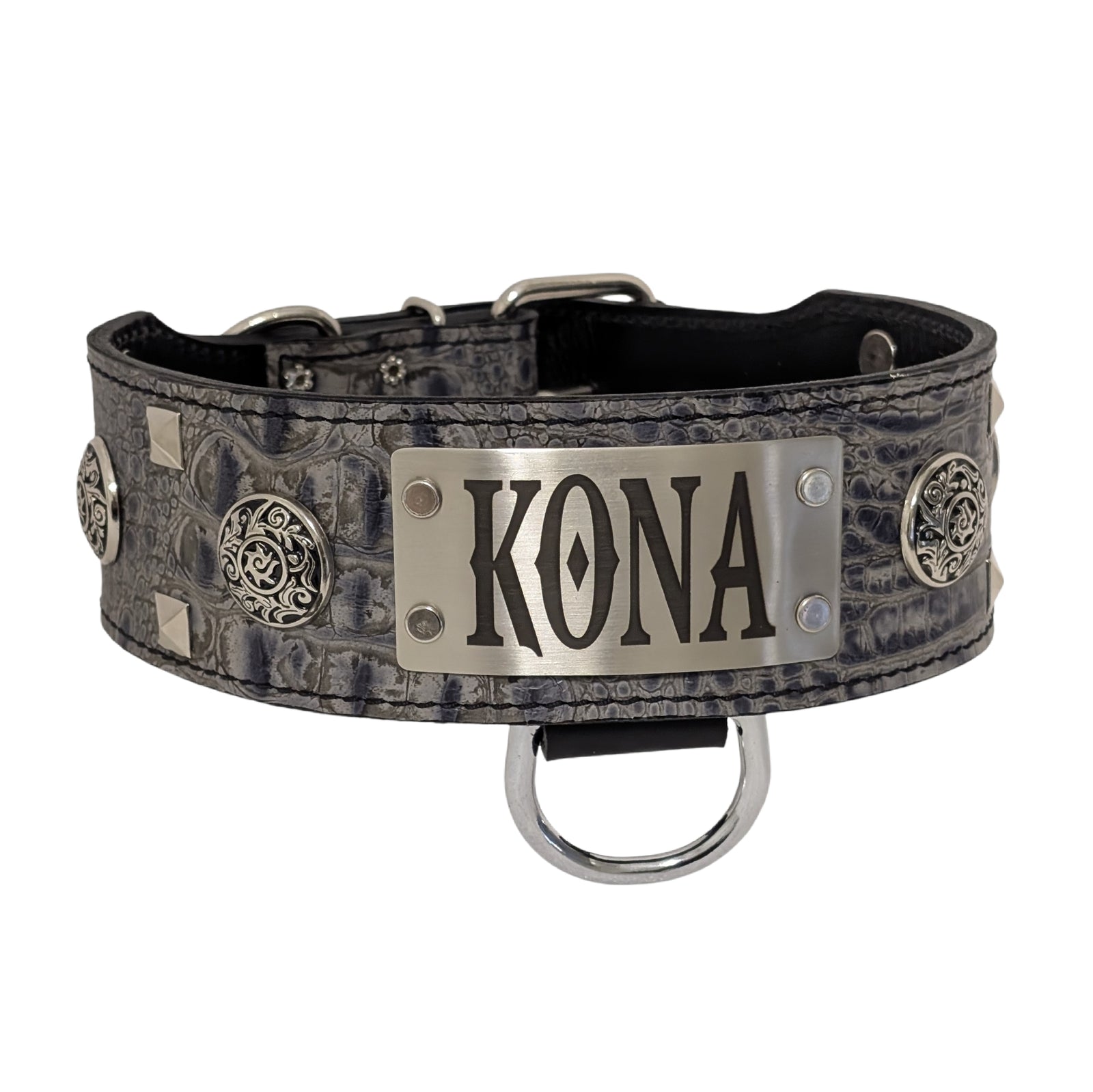 Dog collar with 'KONA' engraving on a white background