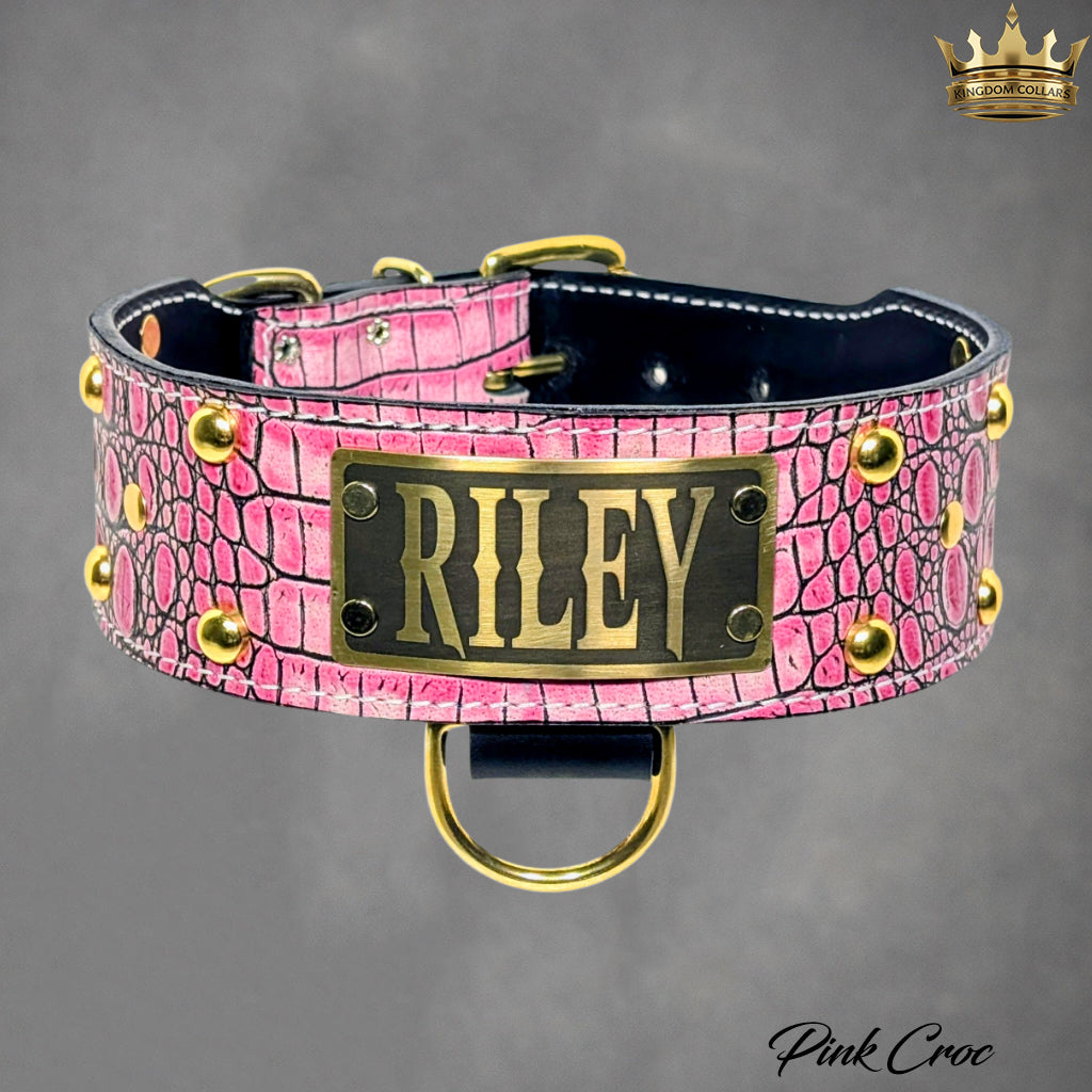 2.5"–3" Wide Personalized Italian Leather Studded Dog Collar | Dome Studs