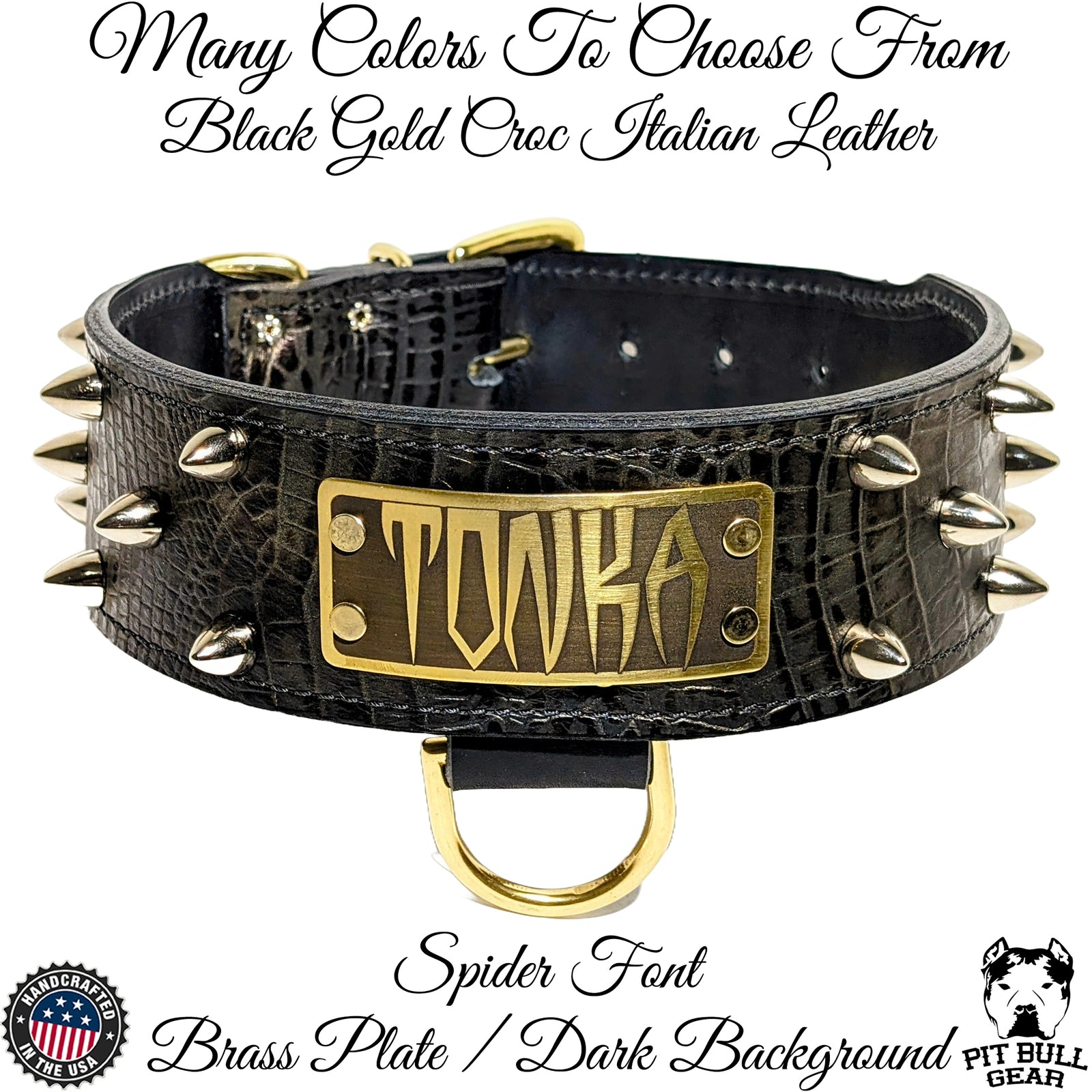 A black, 2.5-inch wide leather dog collar with silver bullet studs and a custom engraved nameplate reading 'TONKA'.