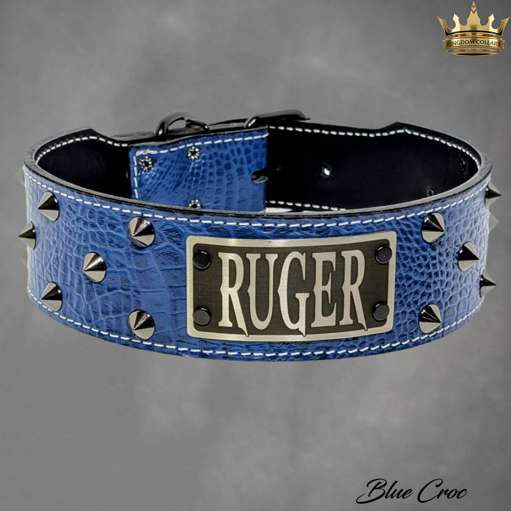 NX33 - 2.5"–3" Wide Personalized Italian Leather Studded Dog Collar | Cone Studs