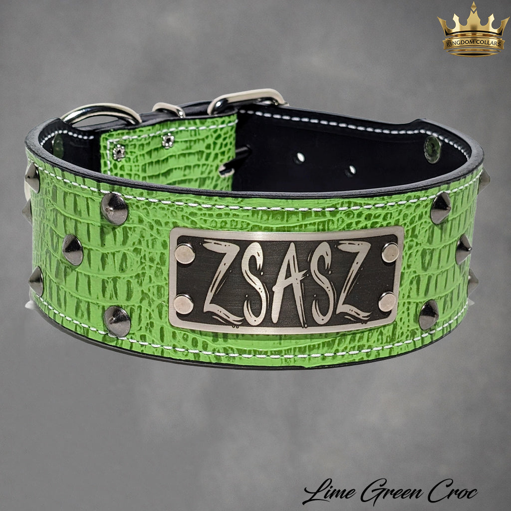 NX33 - 2.5"–3" Wide Personalized Italian Leather Studded Dog Collar | Cone Studs