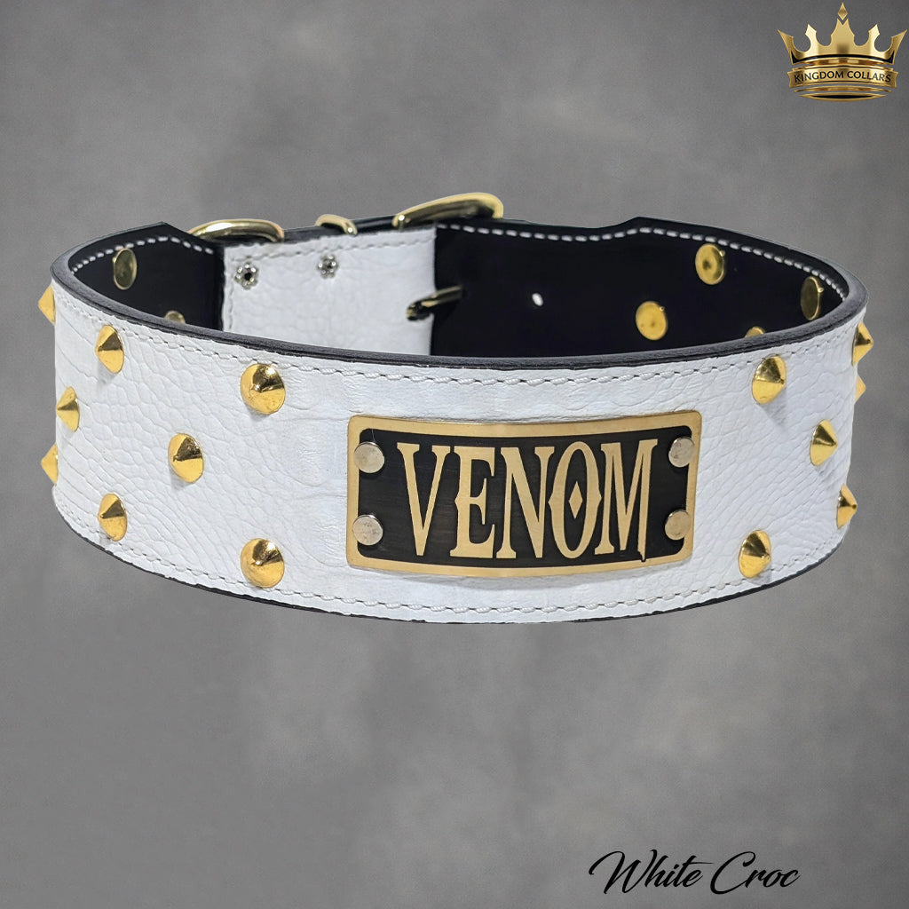 NX33 - 2.5"–3" Wide Personalized Italian Leather Studded Dog Collar | Cone Studs