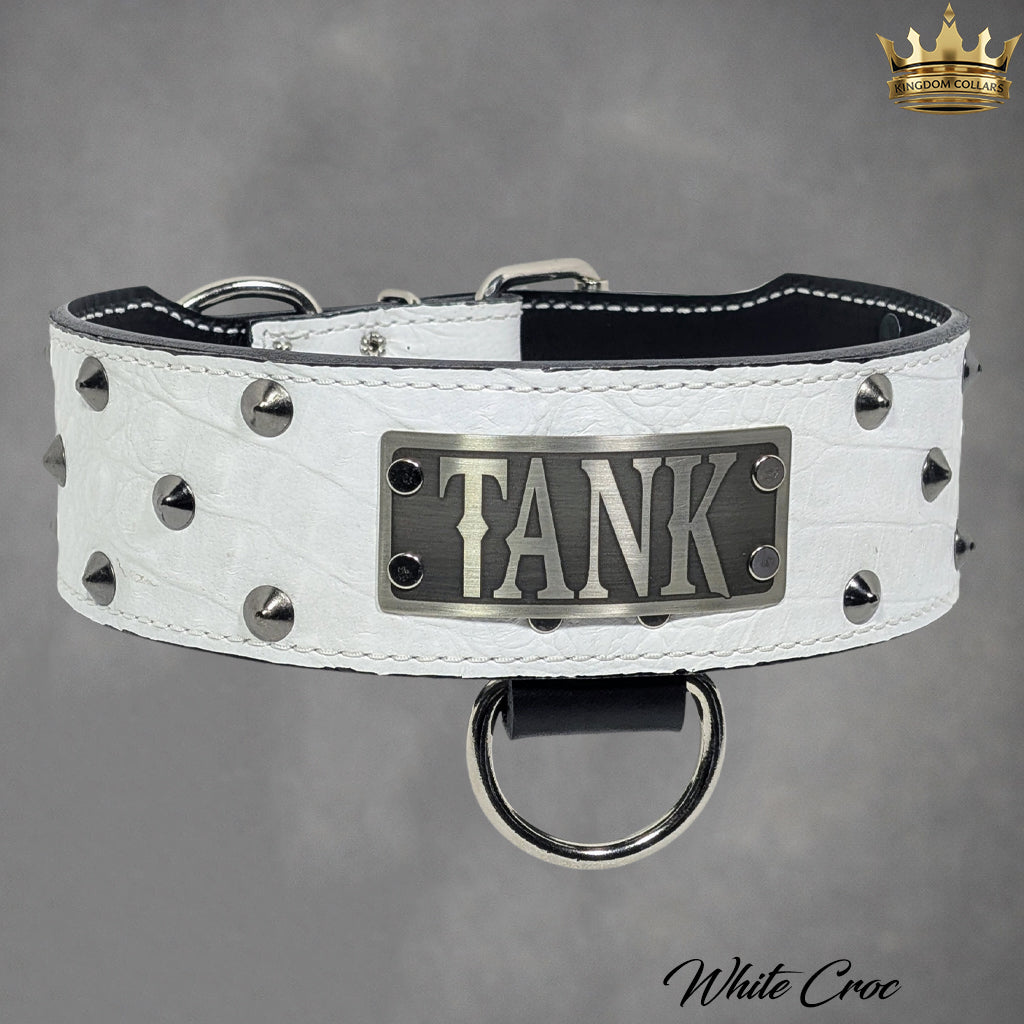 NX33 - 2.5"–3" Wide Personalized Italian Leather Studded Dog Collar | Cone Studs
