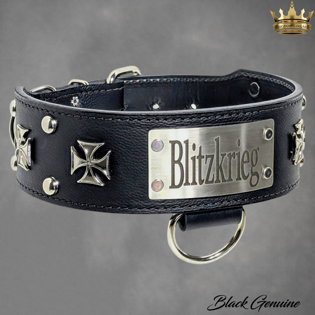 NJ7 - 2.5" Personalized Studded Leather Dog Collar with Iron Maltese Crosses