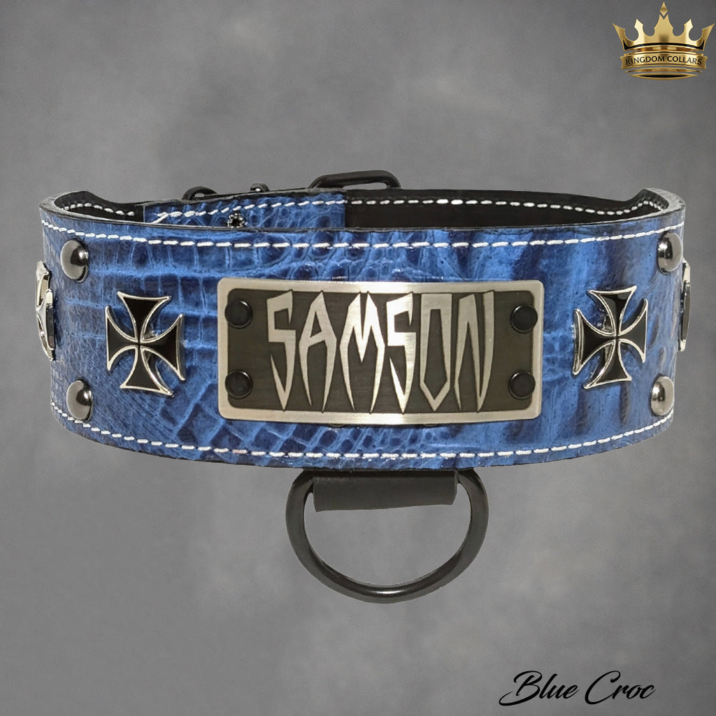 NJ7 - 2.5" Personalized Studded Leather Dog Collar with Iron Maltese Crosses