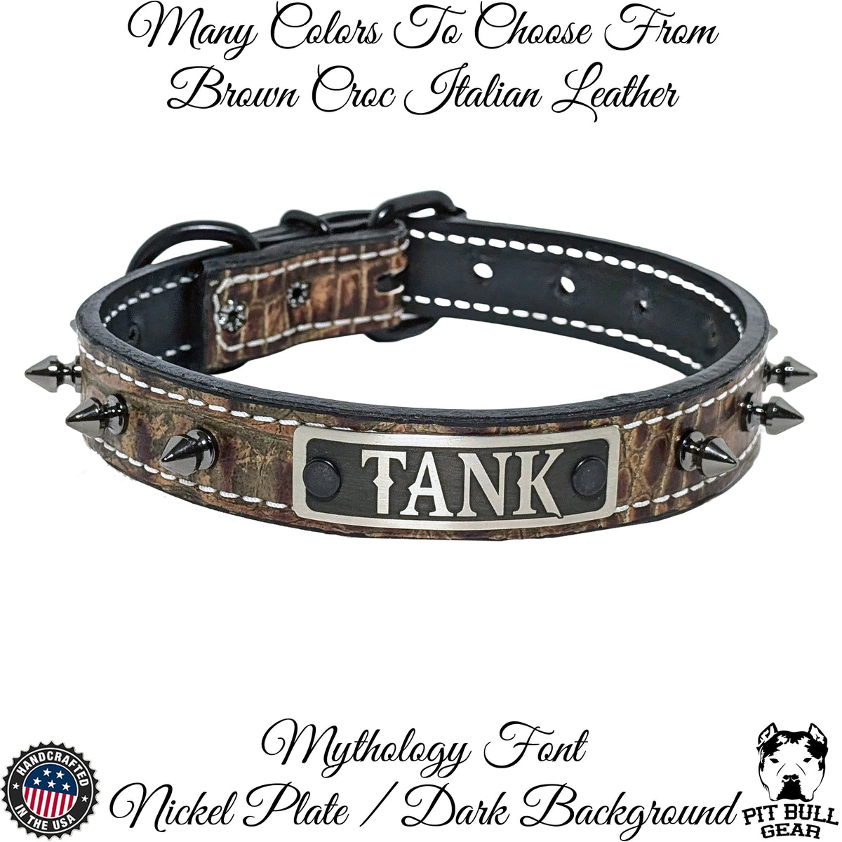 NU19 - Collar de cuero con pinchos para perros de 1" de ancho y placa con nombre 