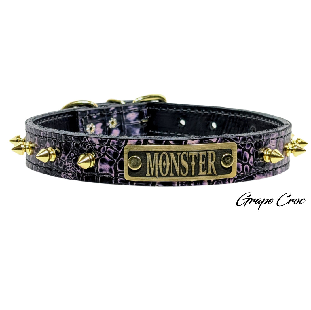 NU19 - Collar de cuero con pinchos para perros de 1" de ancho y placa con nombre 