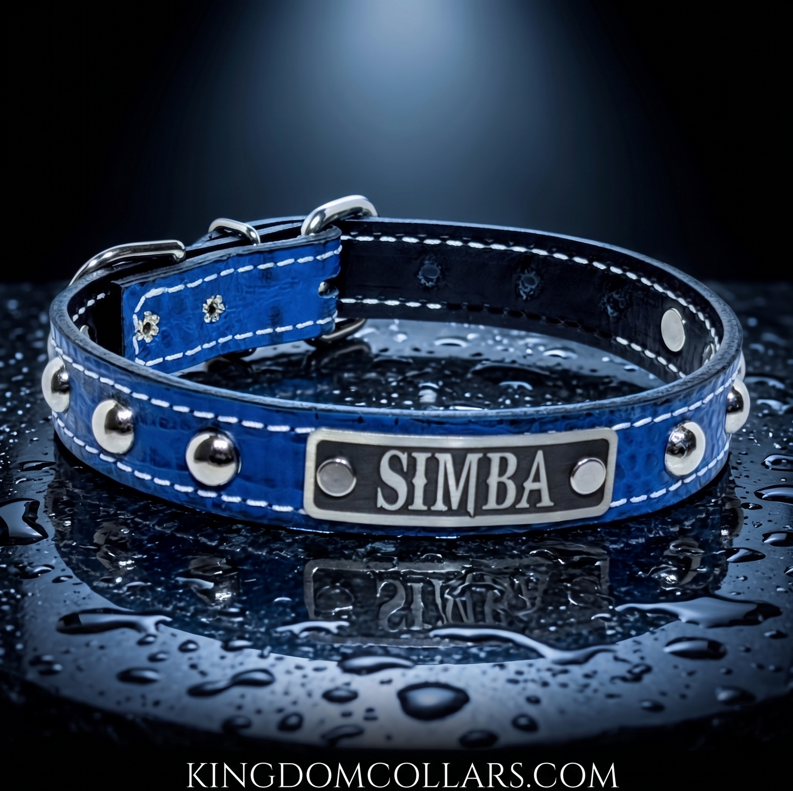 1" Wide Personalized Italian Leather Studded Dog Collar | Engraved Name Plate