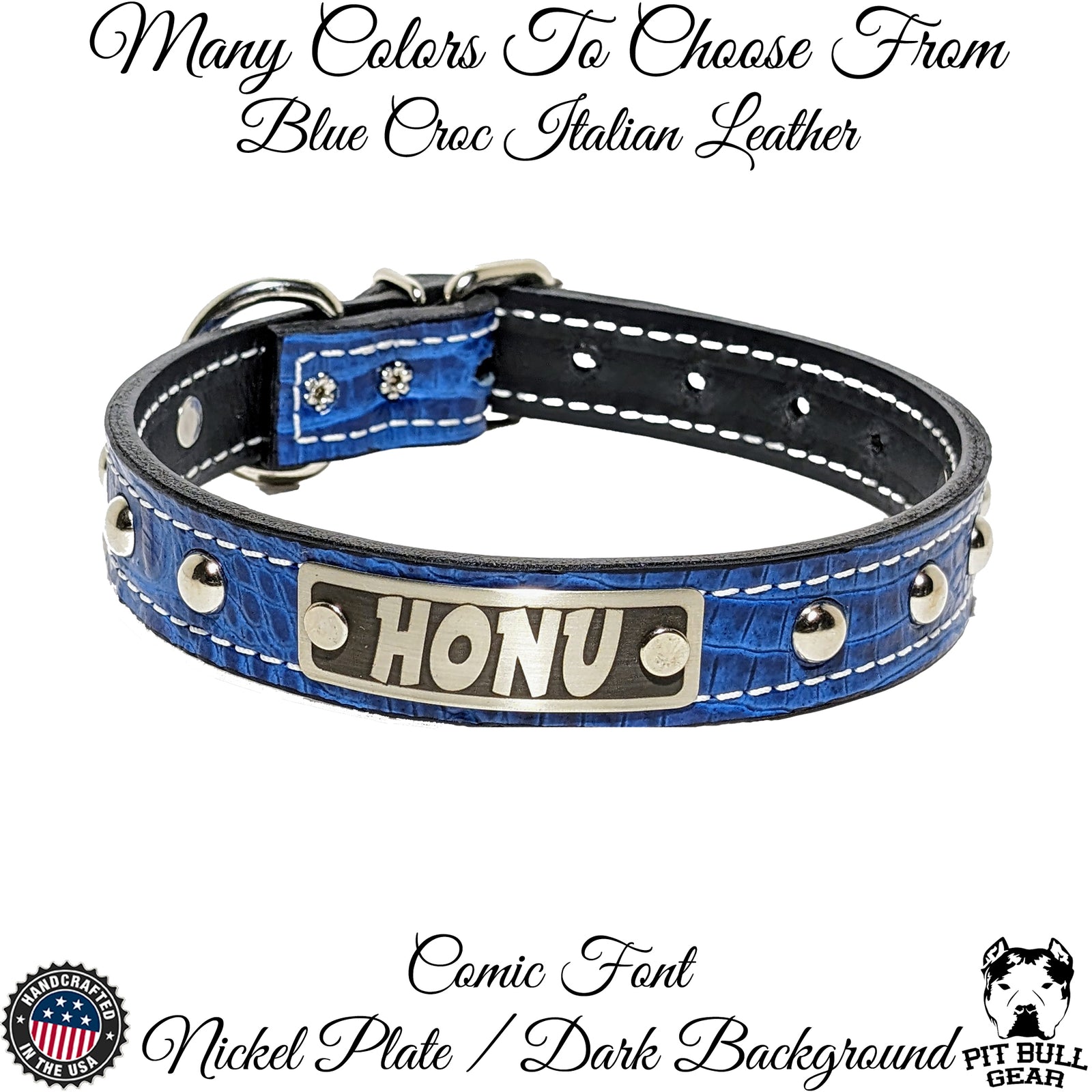 NU2 - Colar de couro cravejado com placa de identificação de 1"