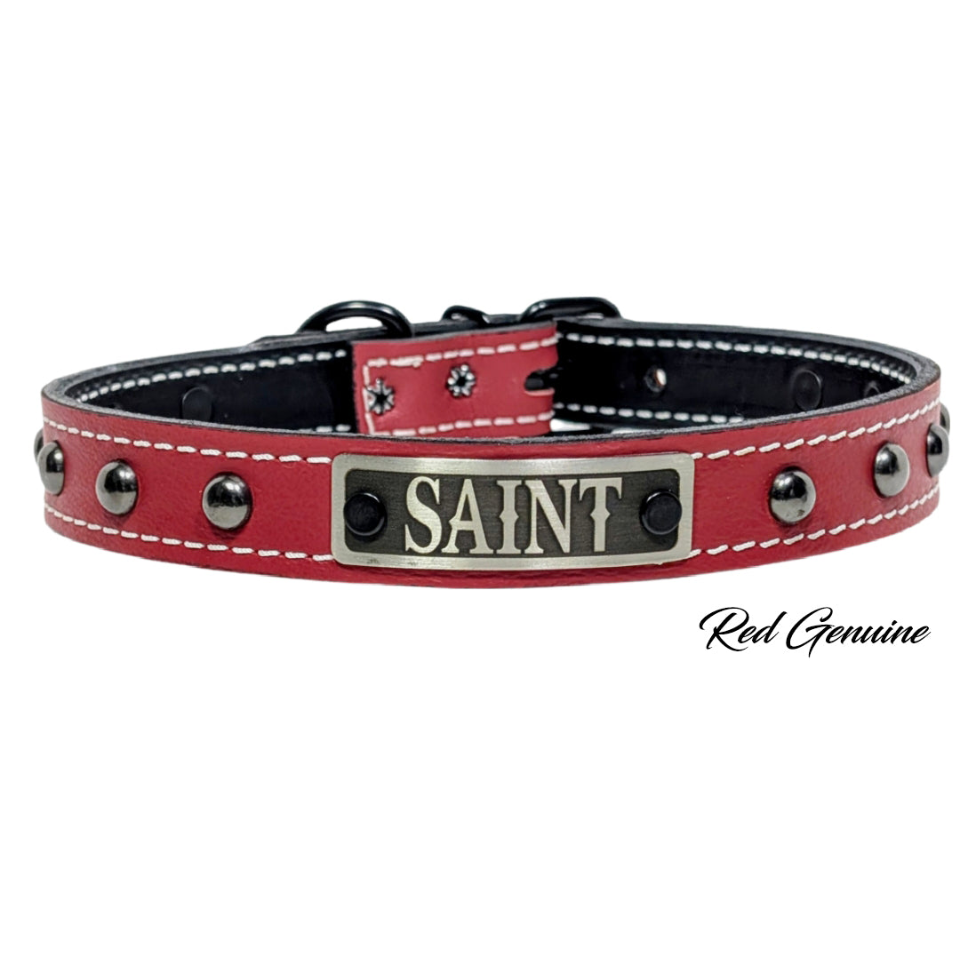 NU2 - Colar de couro cravejado com placa de identificação de 1"