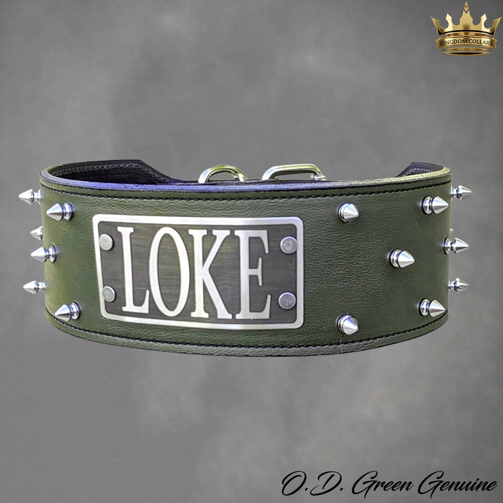 An olive green leather dog collar with silver metal spikes and a central silver plate engraved with the name 'LOKE'.