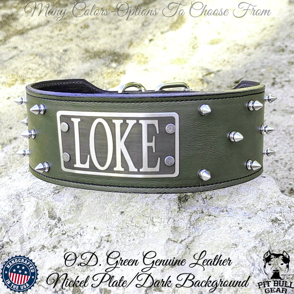 NX1 - Collar de cuero con pinchos y placa de identificación personalizada para perros - 3" de ancho