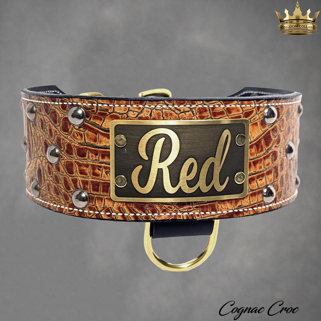 NX3 - 2.5"–3" Wide Personalized Italian Leather Studded Dog Collar | Dome Studs