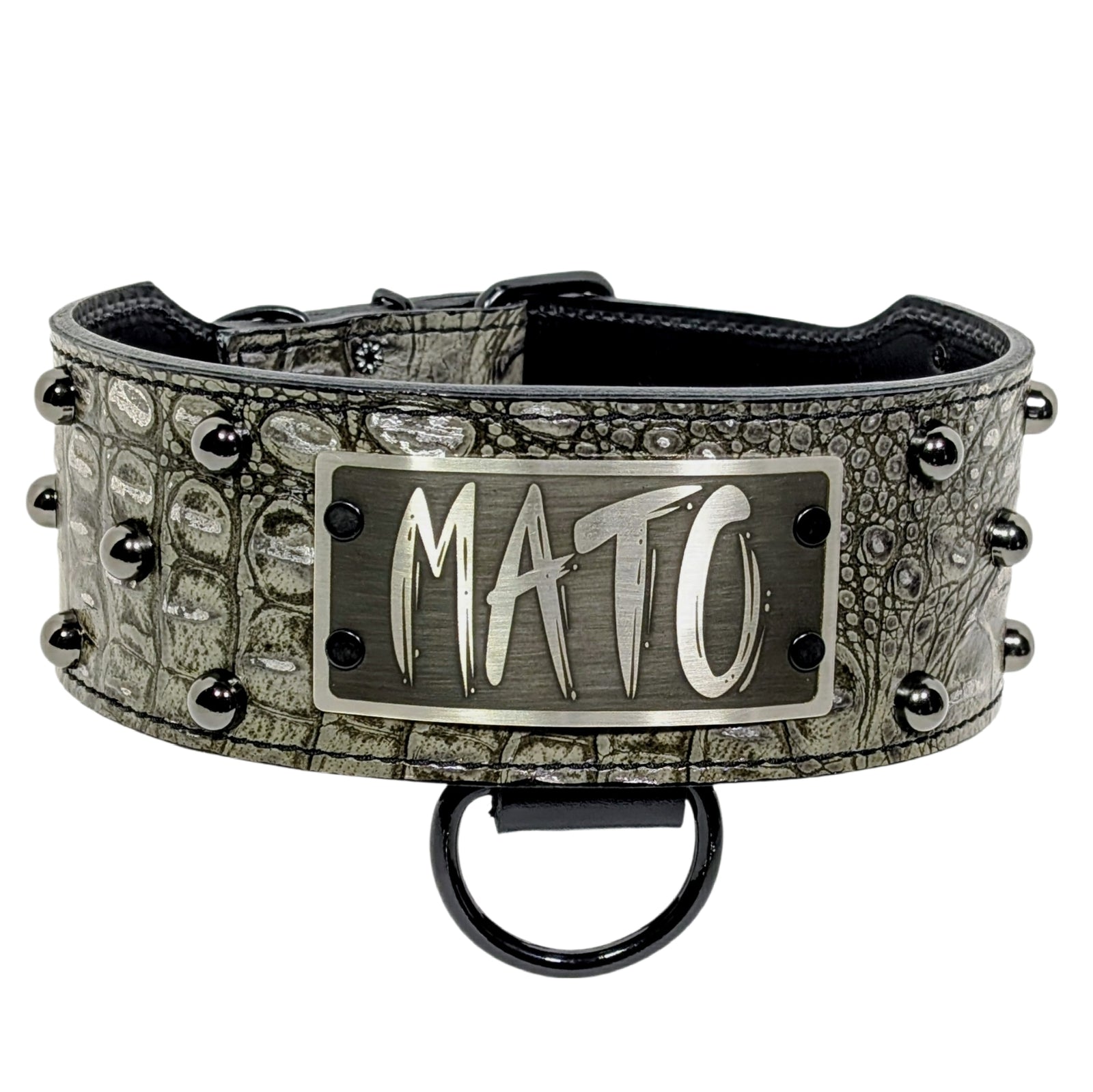 NX3 - Coleira de cachorro de couro cravejada com placa de identificação de 3"