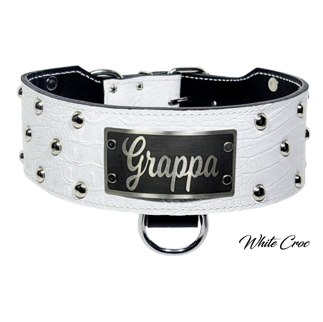 White leather dog collar with 'Grappa' engraving on a white background