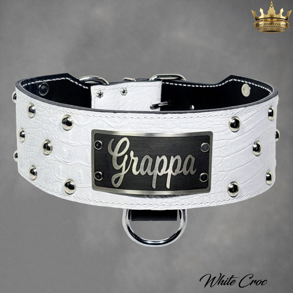 NX3 - 2.5"–3" Wide Personalized Italian Leather Studded Dog Collar | Dome Studs
