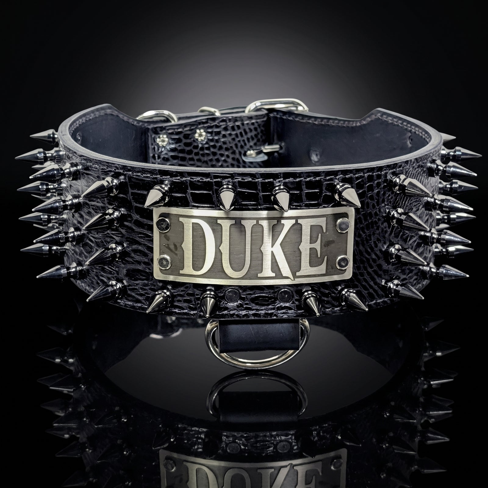 A black crocodile-embossed leather dog collar with silver spikes and a central silver metal plate engraved with the word 'DUKE'.