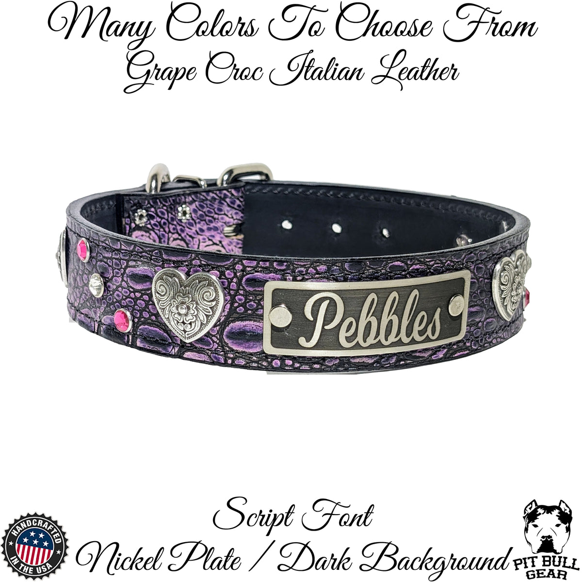 VN2 - Collar de cuero para perro de 1,5" de ancho con placa de identificación, gemas y corazones