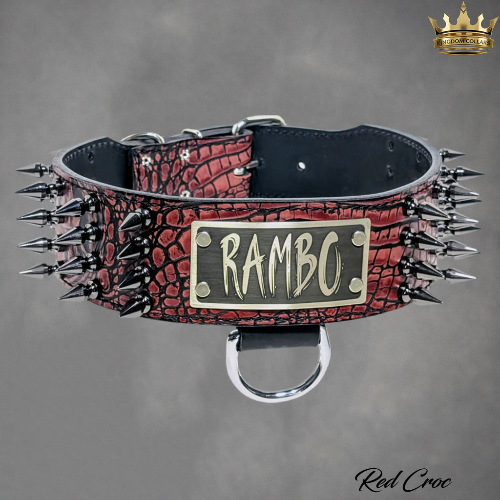NJ10 - Collar para perro de cuero con pinchos de 2,5" de ancho y placa con nombre