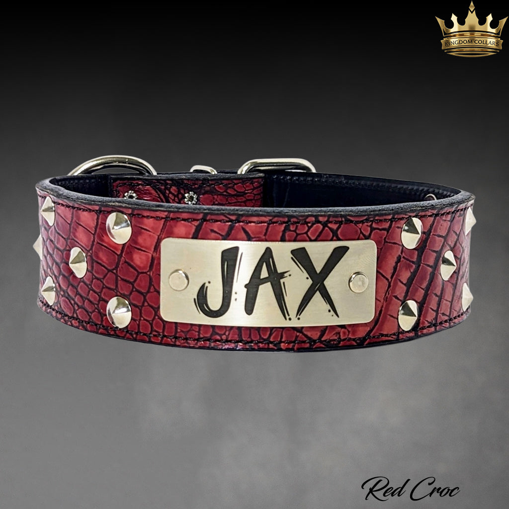 2" Wide Name Plate Cone Studded Leather Dog Collar (WN1)