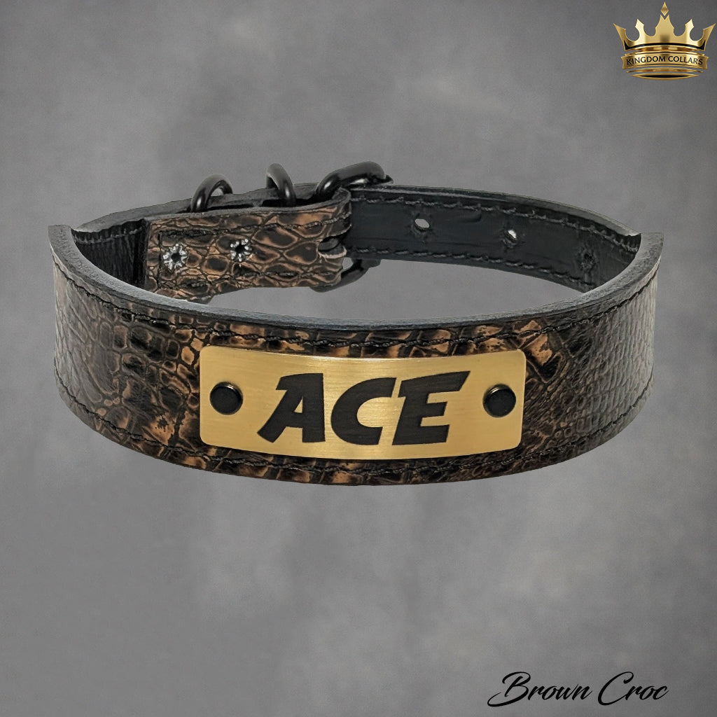 Brown crocodile-patterned leather dog collar with gold 'ACE' tag on a gray background