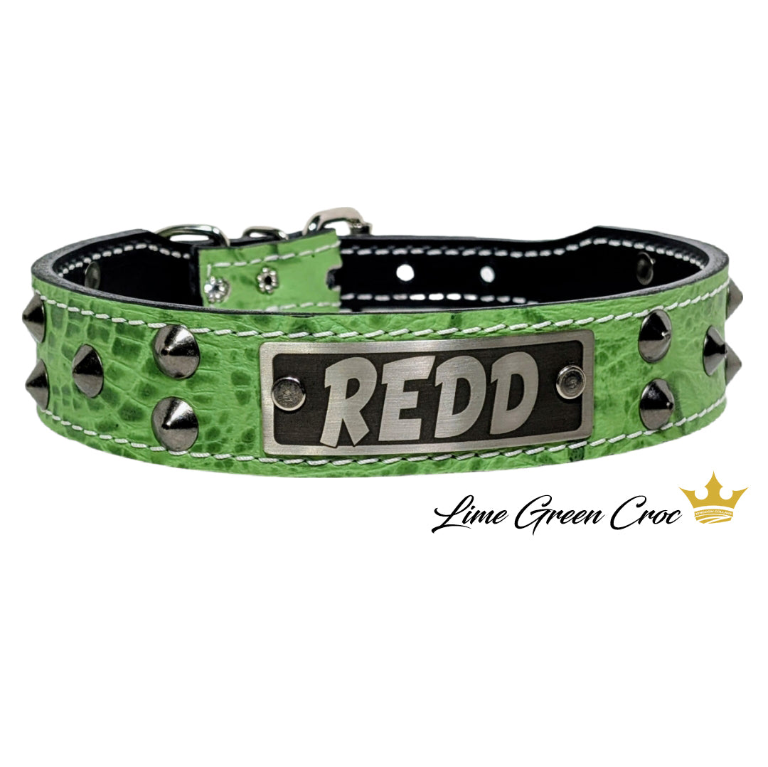 TVN1 - Custom Made 1.5" Wide Tapered Italian Leather Studded Dog Collar – With Personalized Name Plate
