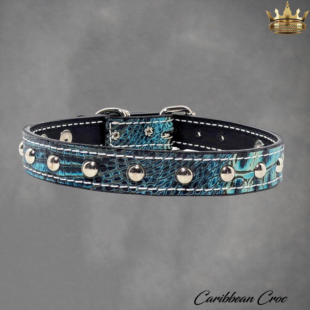 1" Wide Personalized Italian Leather Studded Dog Collar | Engraved Name Plate
