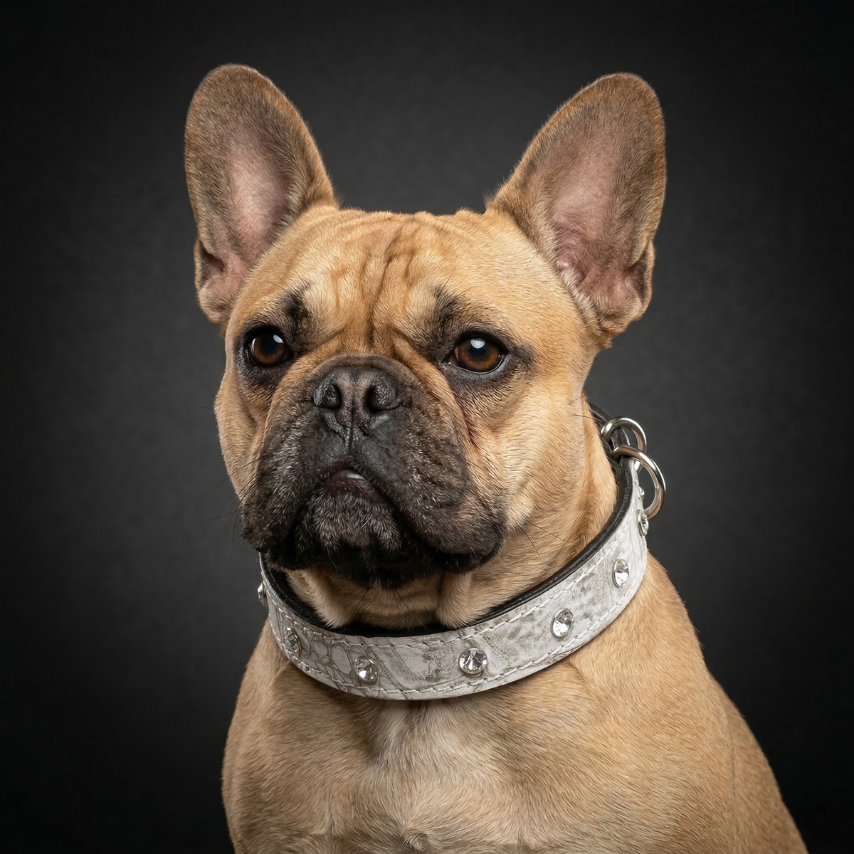 Beige French Bulldog wearing a silver collar on a dark background