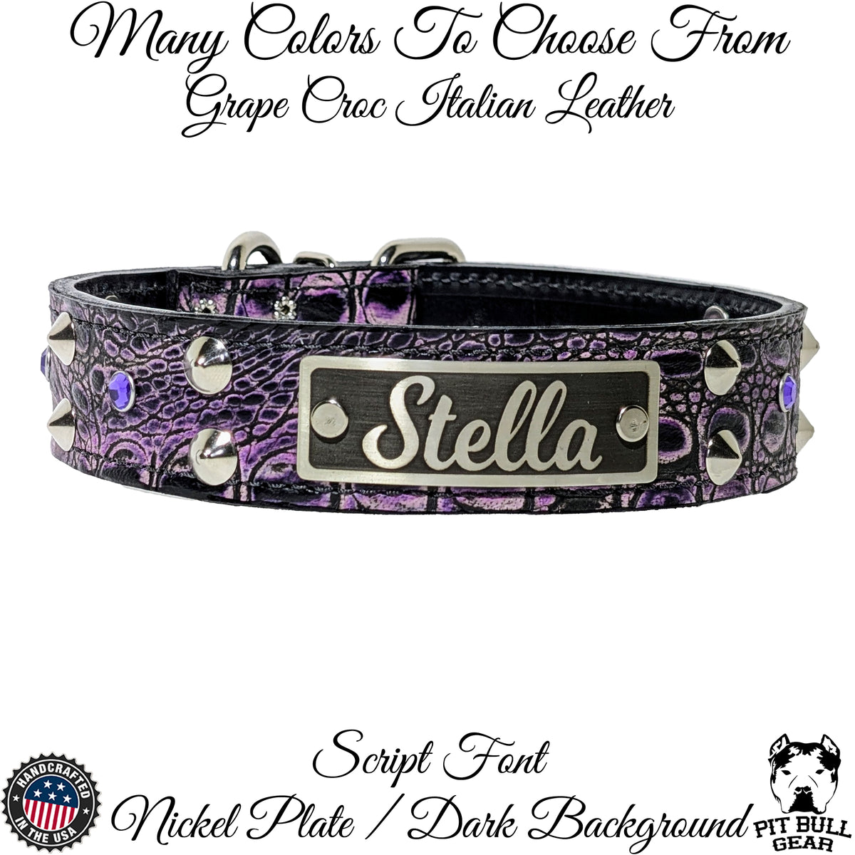 V24 - Colar de couro personalizado com tachas e pedras preciosas de 1,5"