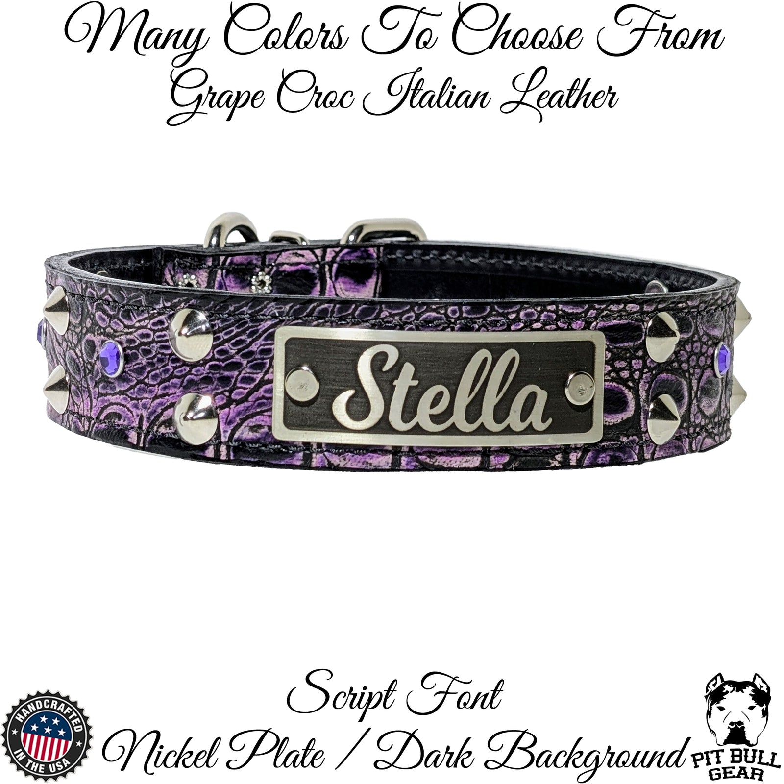 V24 - Colar de couro personalizado com tachas e pedras preciosas de 1,5"