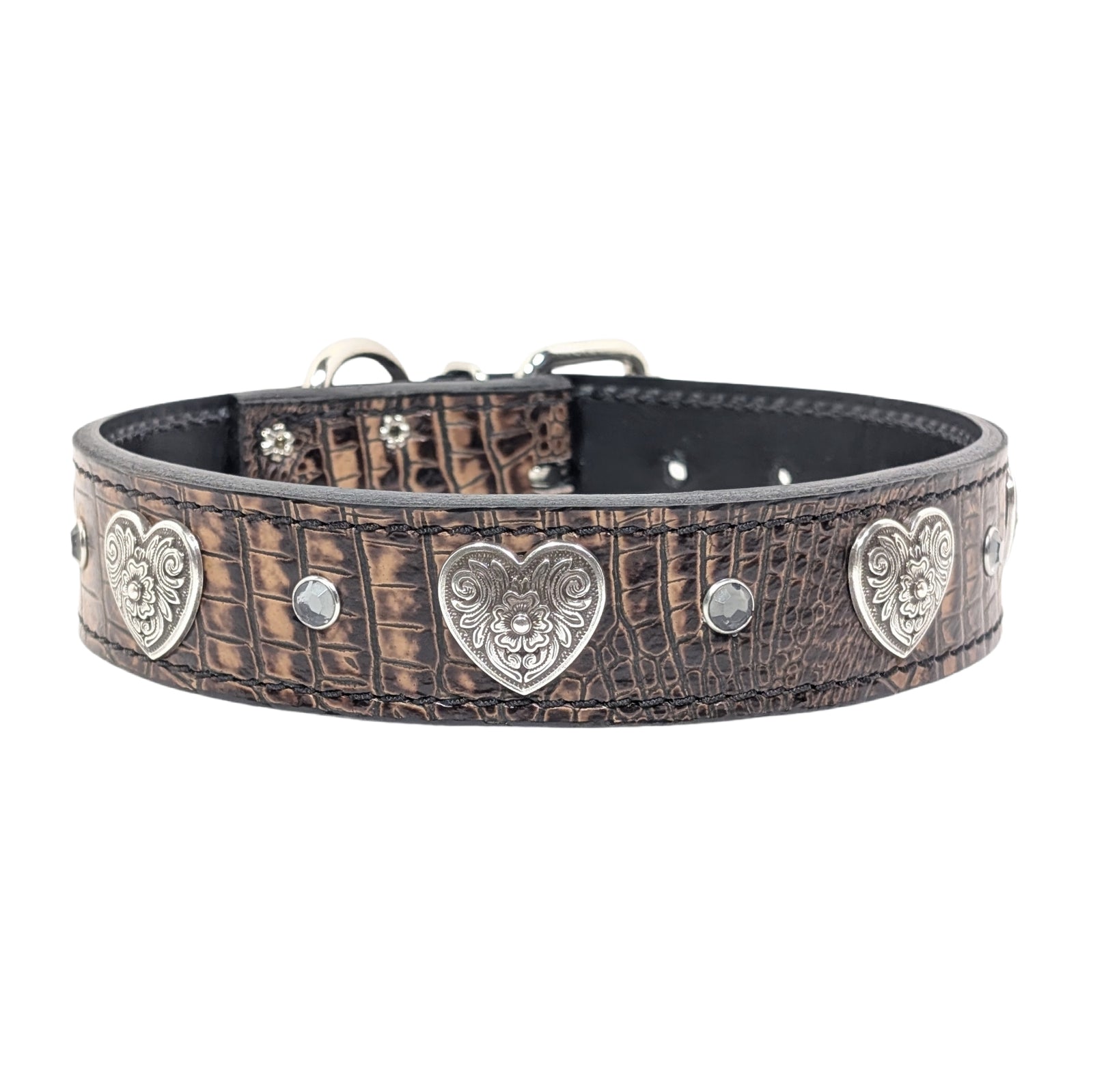 V28 - Colar de couro de 1 1/2" corações e pedras preciosas