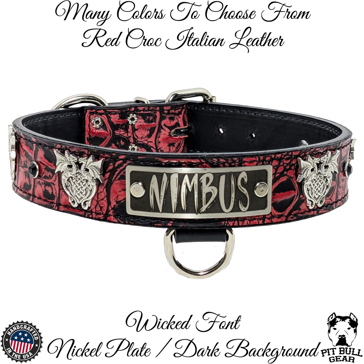 V30 - Collar de cuero para perro con placa de identificación de 1,5" de ancho y diseño de dragones y gemas