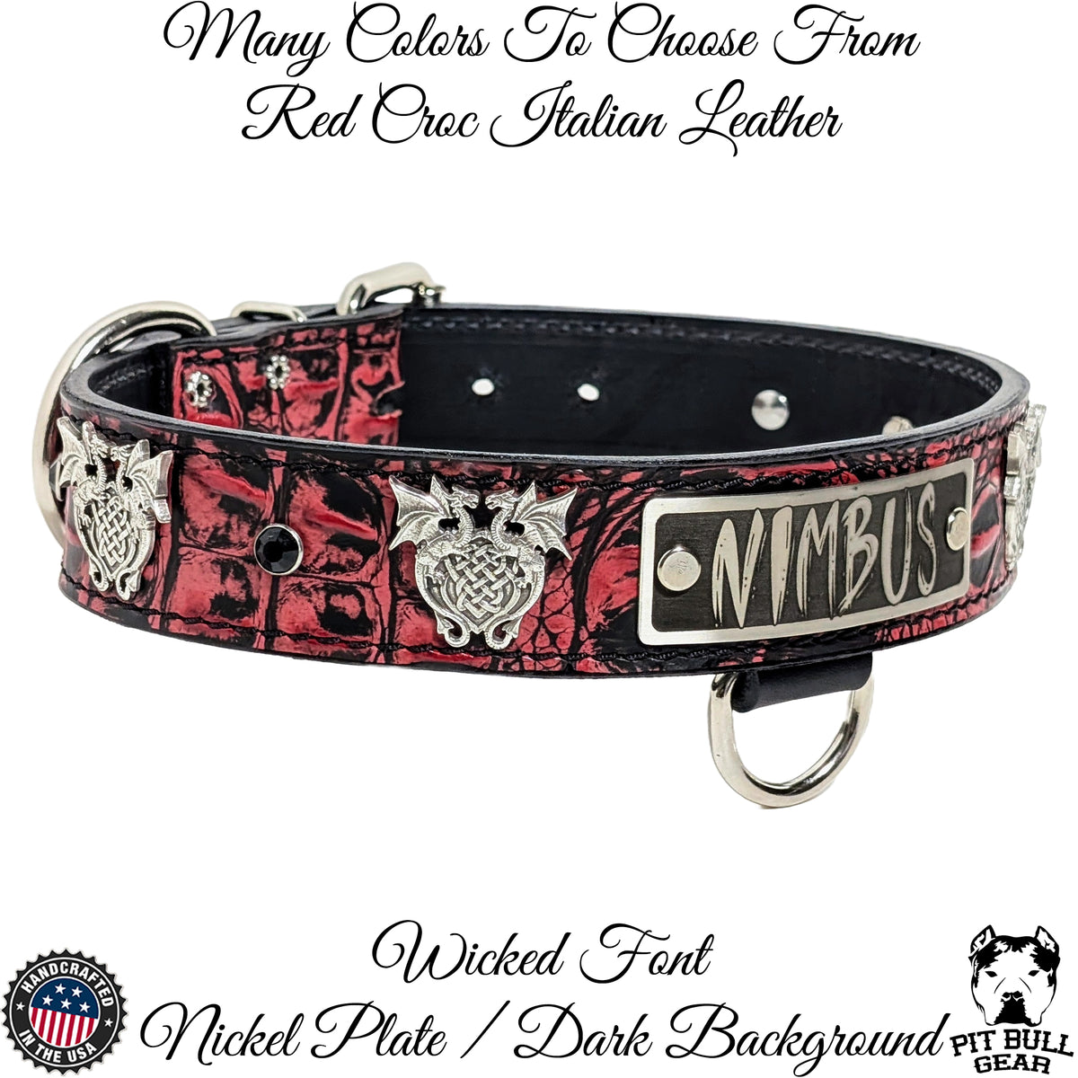 V30 - Collar de cuero para perro con placa de identificación de 1,5" de ancho y diseño de dragones y gemas