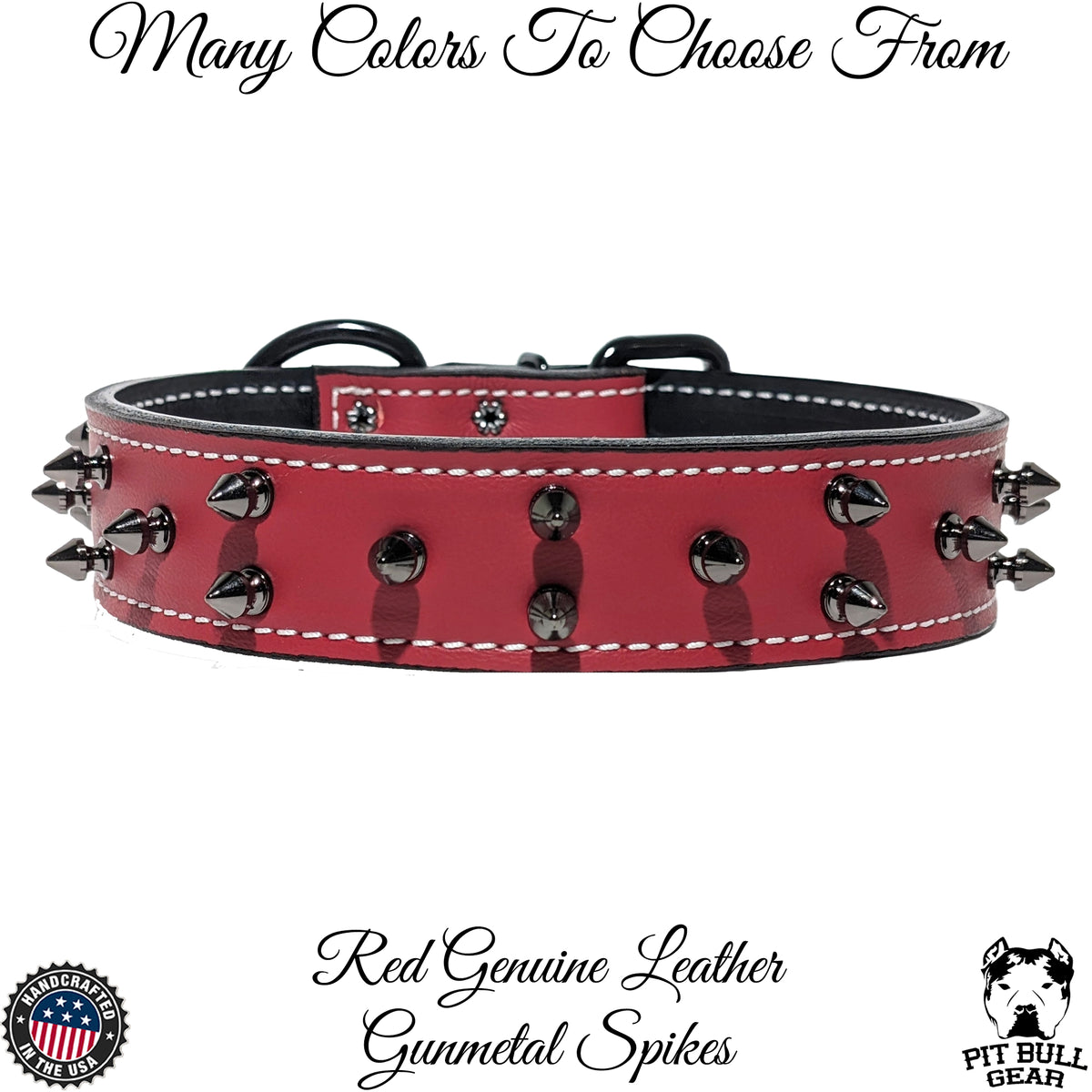 A red genuine leather dog collar with gunmetal spikes, a heavy duty roller buckle, and a welded D-ring for leash attachment.