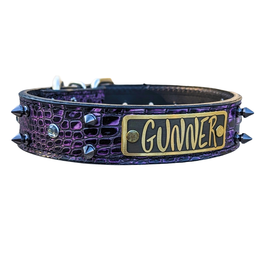 V3 - 1.5" Wide Leather Dog Collar – Tree Spikes, Crystal Gems & Engraved Name Plate
