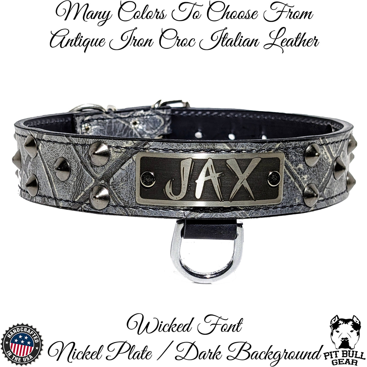 VN1 - 1.5" Wide Personalized Leather Dog Collar with Cone Studs