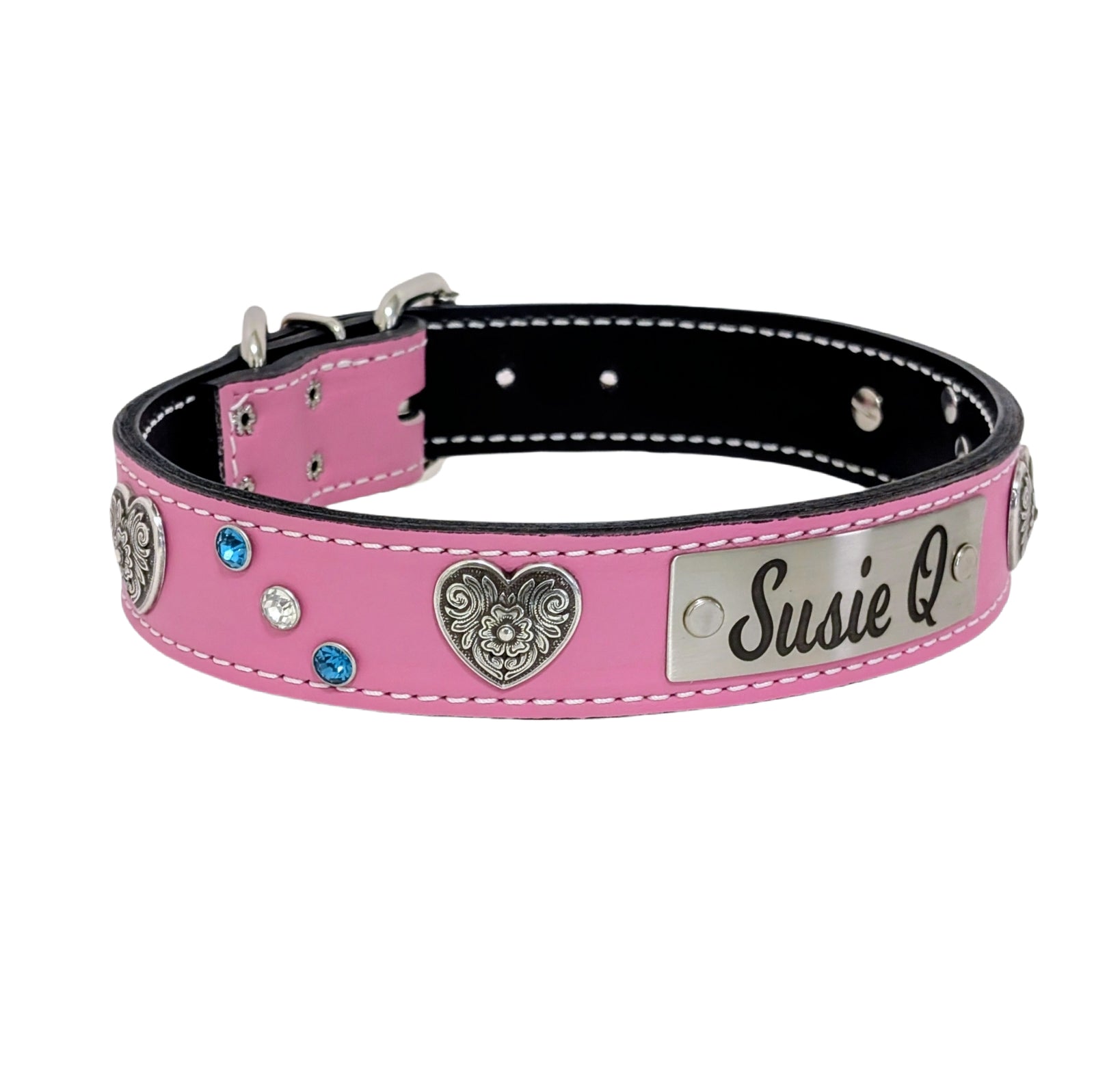 VN2 - Collar de cuero para perro de 1,5" de ancho con placa de identificación, gemas y corazones