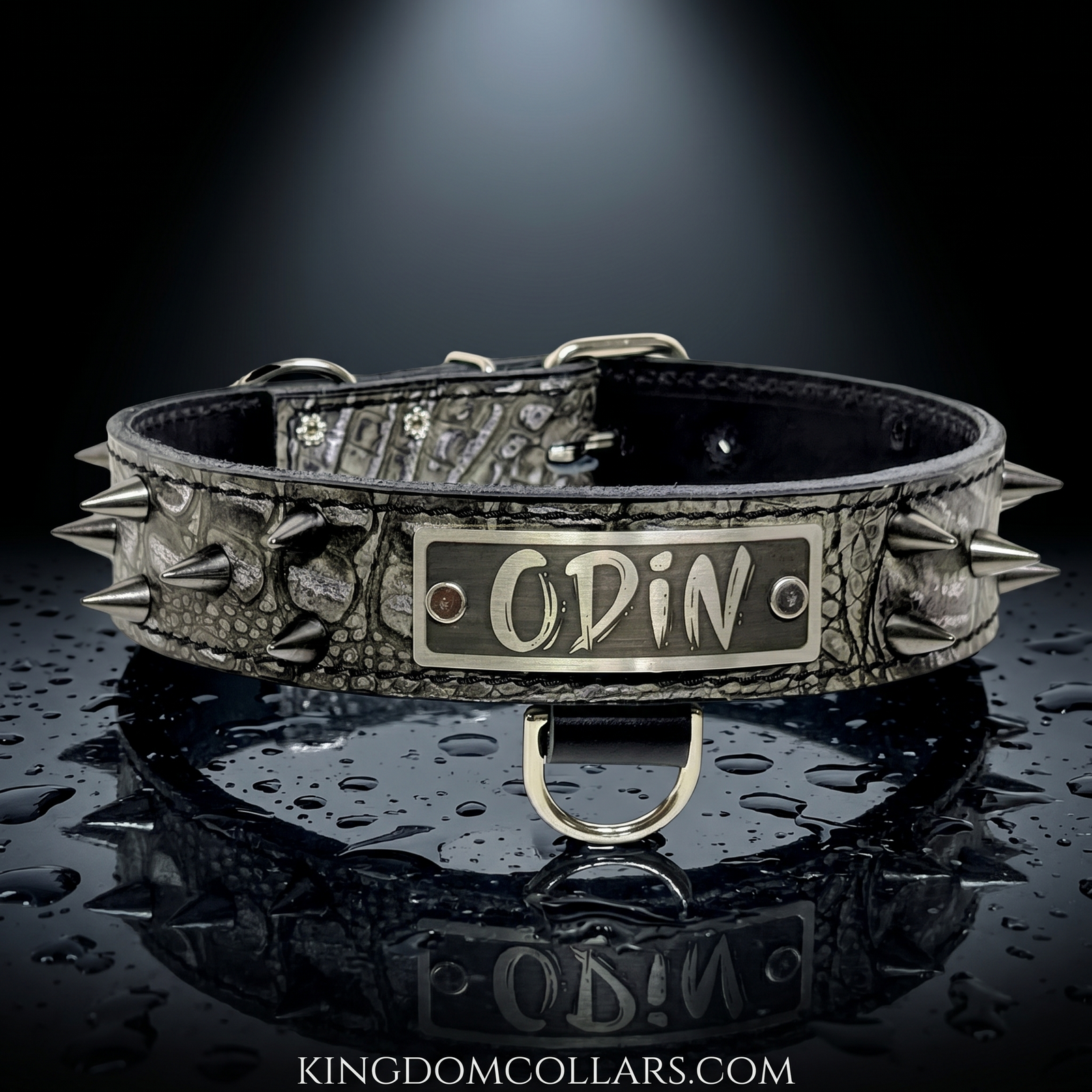 1.5" Wide Italian Leather Spiked Dog Collar | ½" Cone Spikes | Engraved Name Plate