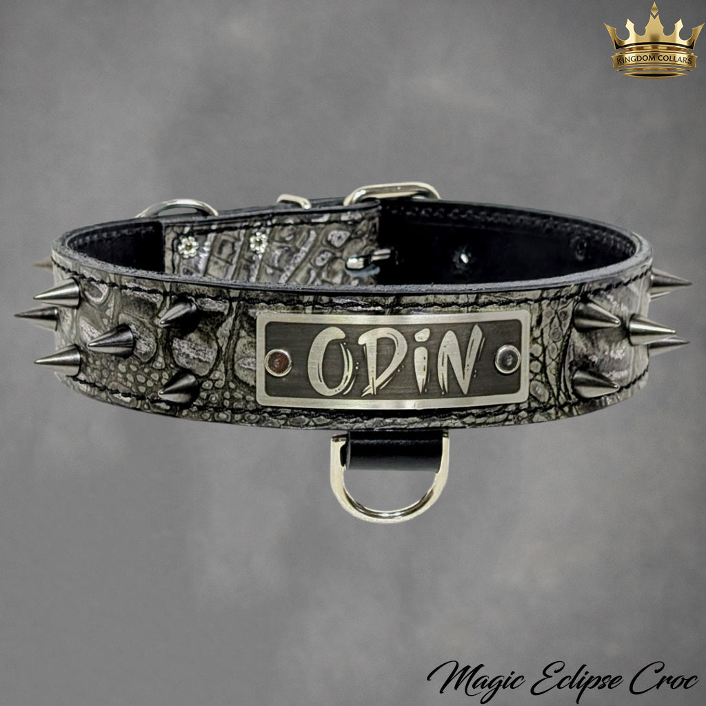 VN5 - 1 1/2" Colar de Couro Placa de Identificação com Cone Spikes